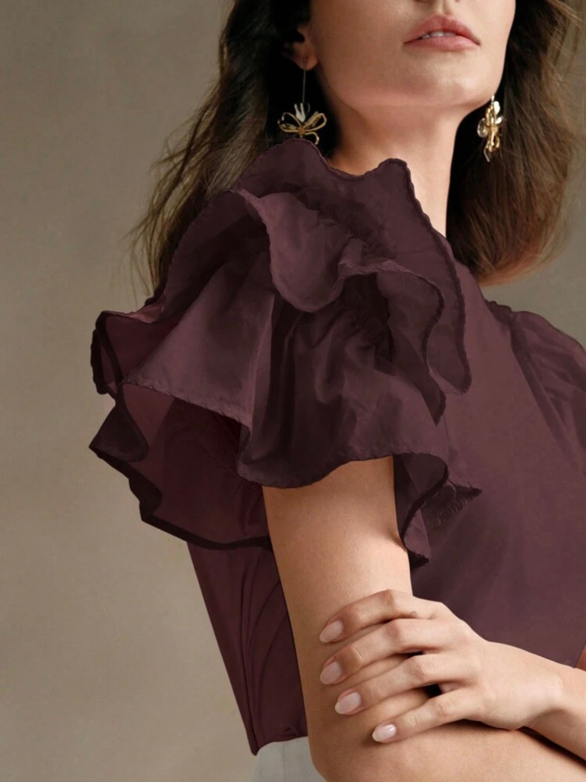CM-TS399899 Women Casual Seoul Style Round Neck Puff Sleeve Ruffle Hem Splice Short Sleeve T-Shirt