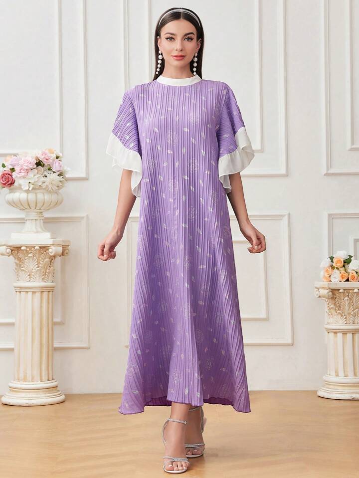 CM-DS265121 Women Trendy Bohemian Style Floral Print Color Block Lotus Leaf Short Sleeve Dress