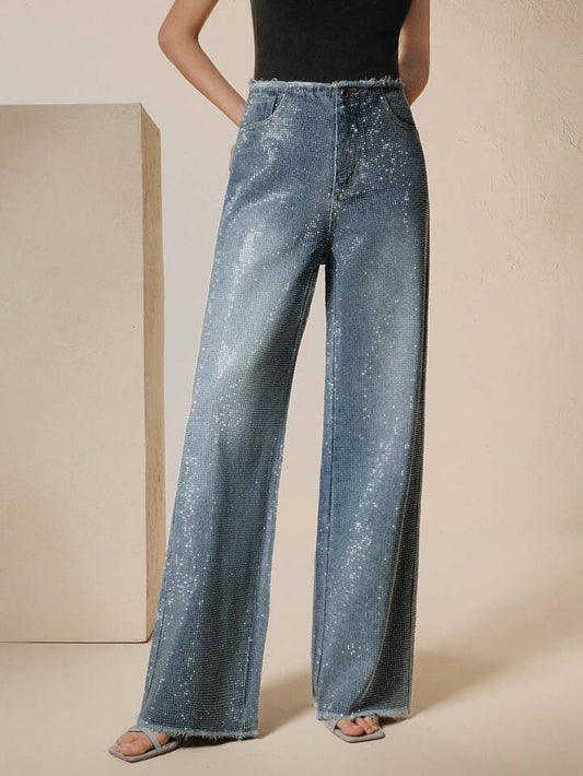 CM-BS407709 Women Elegant Seoul Style Mid Waist Rhinestone Decorated Straight Cut Frayed Hem Jeans - Blue