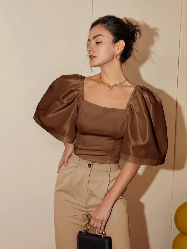 CM-TS715999 Women Elegant Seoul Style Puff Sleeve Square Neck Blouse - Coffee Brown