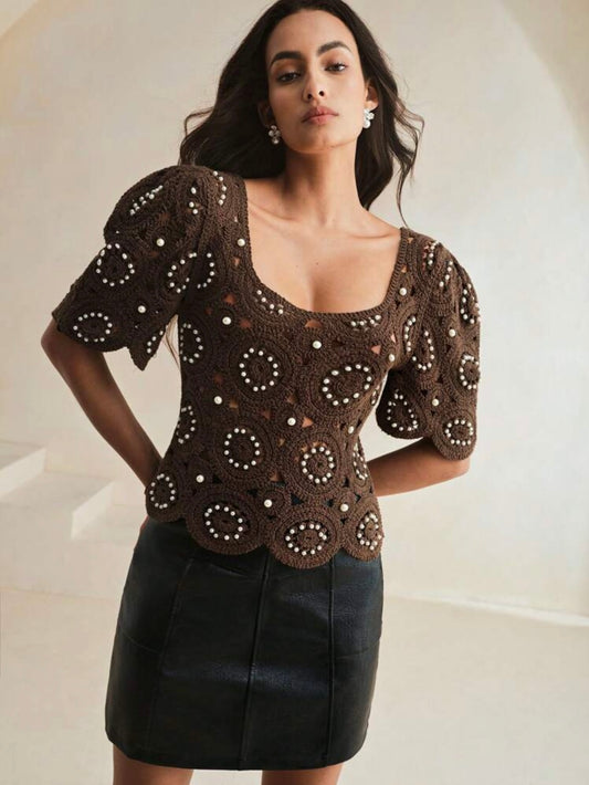 CM-TS750308 Women Casual Seoul Style Crochet Hollow-Out Balloon Sleeve Beaded T-Shirt - Coffee Brown