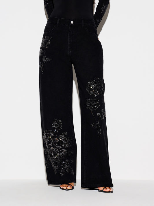 CM-BS397929 Women Elegant Seoul Style High Rise Rhinestone Floral Rose Crystal Embellishment Wide Leg Denim Jeans