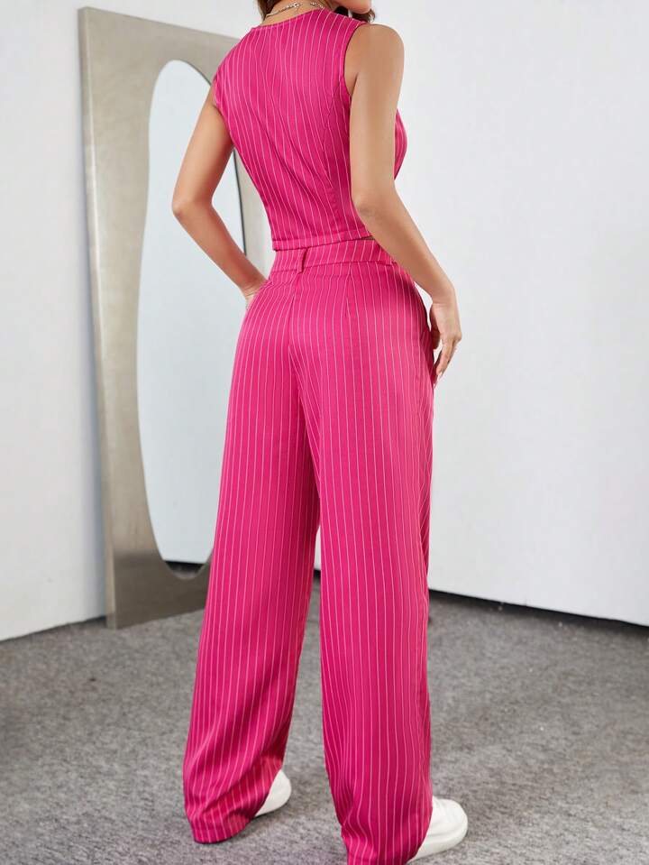 CM-SS443989 Women Casual Seoul Style Stripe Single-Breasted Suit Vest With Pleated Tapered Pants Suit - Hot Pink