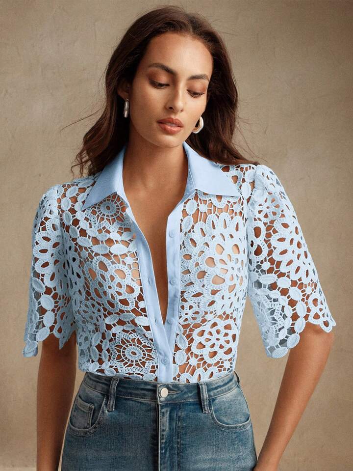 CM-TS564298 Women Casual Seoul Style Collar Neckline Half Sleeve Floral Hollow Out Lace Shirt Blouse - Blue