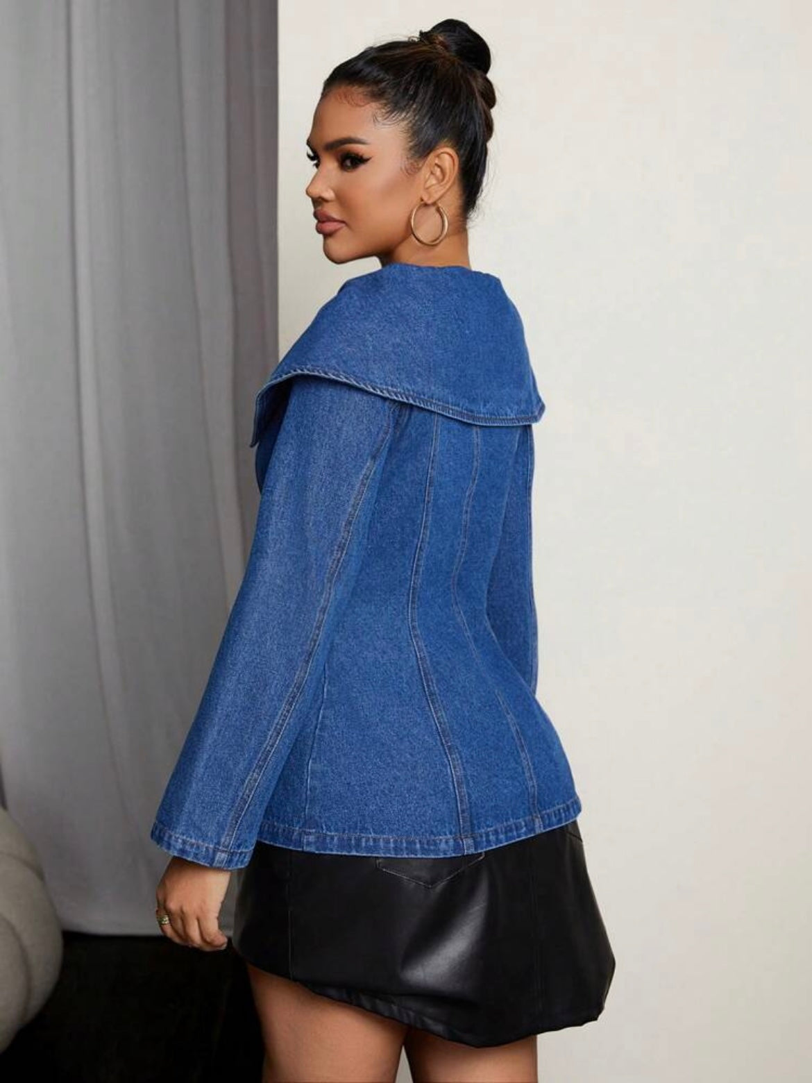 CM-TS433633 Women Elegant Seoul Style Peter Pan Collar Single Breasted Long Sleeve Denim Blouse