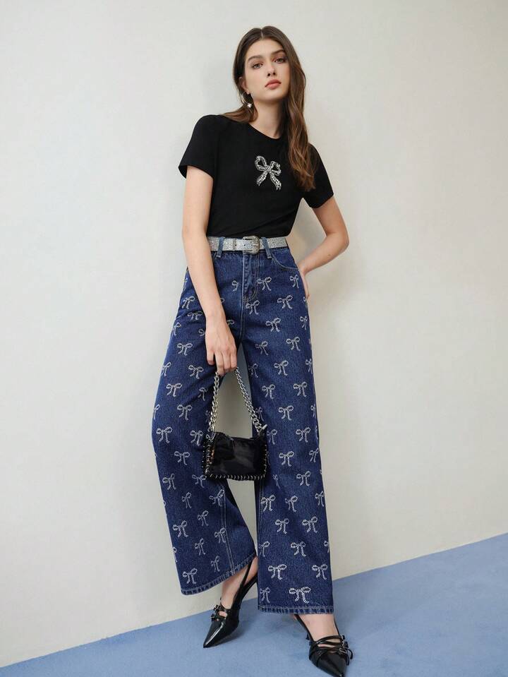 CM-BS221303 Women Elegant Seoul Style Bow All Over Print Wide Leg Jeans - Blue