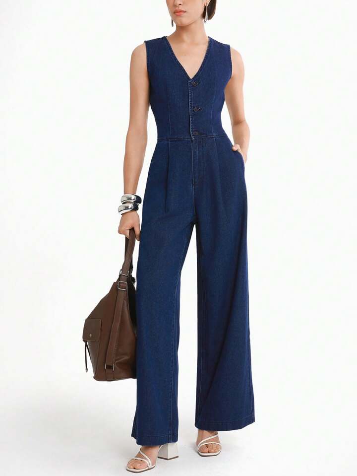 CM-JS313109 Women Casual Seoul Style Dark Wash V-Neck Sleeveless Pocketed Pleated Extra Long Denim Jumpsuit