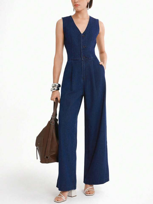 CM-JS313109 Women Casual Seoul Style Dark Wash V-Neck Sleeveless Pocketed Pleated Extra Long Denim Jumpsuit
