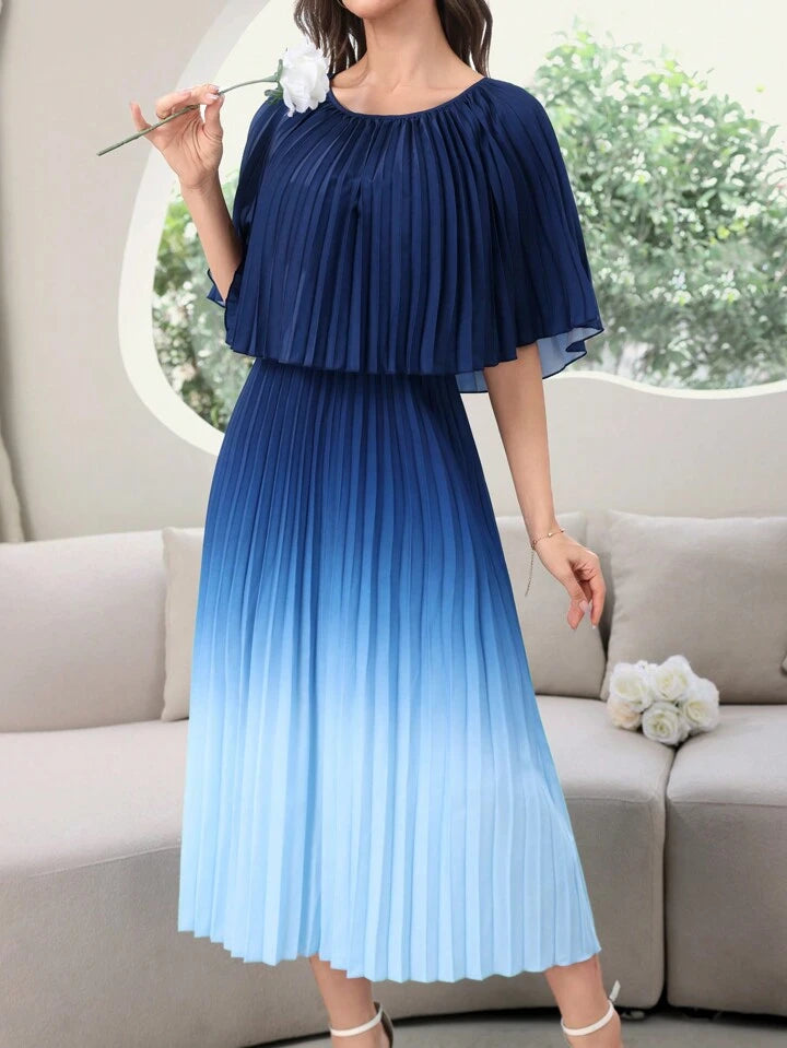 CM-DS550959 Women Elegant Seoul Style Gradient Color Pleated Round Neck Long Dress - Blue