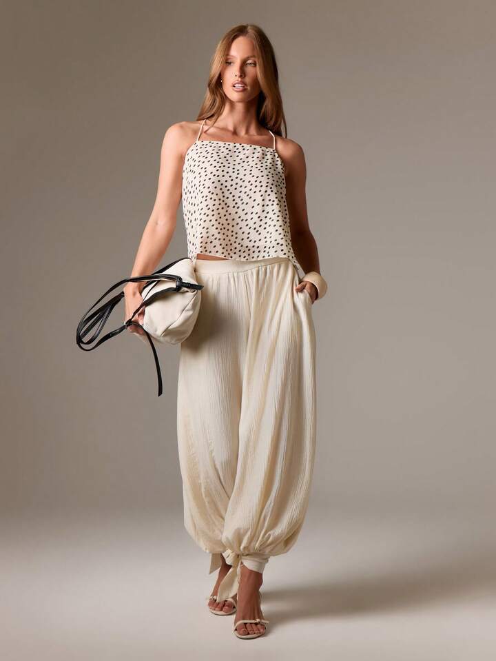 CM-TS300236 Women Casual Seoul Style Sheer Polka Dot Halter Back Tie Detail Sleeveless Blouse - Black and White