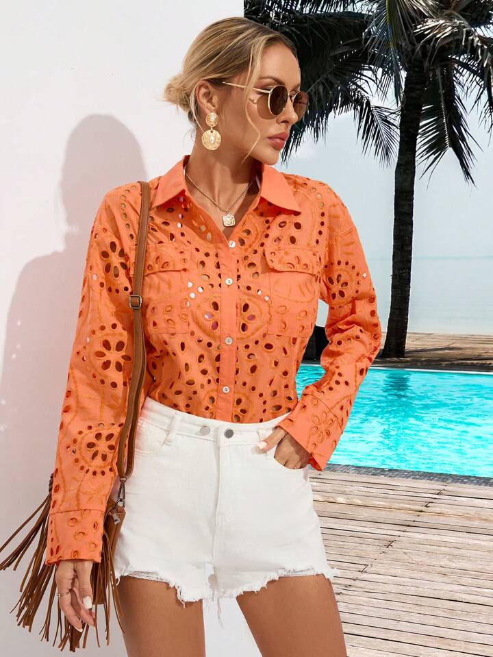 CM-TS694967 Women Trendy Bohemian Style Hollow Out Slim Fit Long Sleeve Shirt - Orange