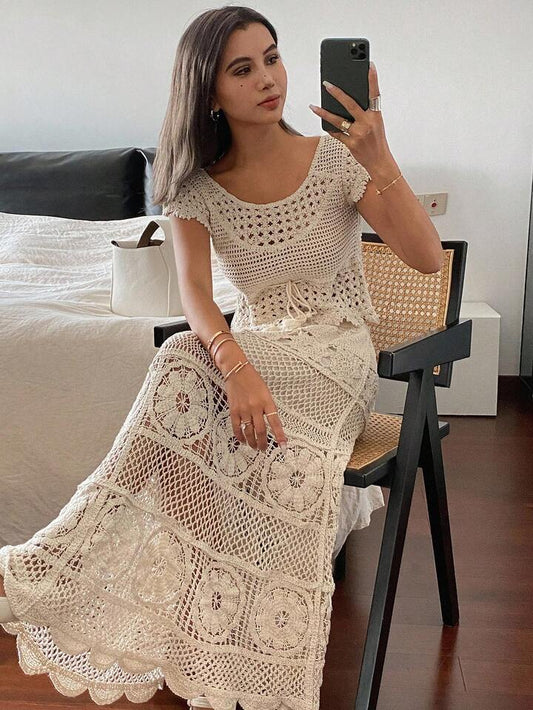 CM-SS154522 Women Trendy Bohemian Style Round Neck Puff Sleeve Knit Blouse With Long Skirt - Set