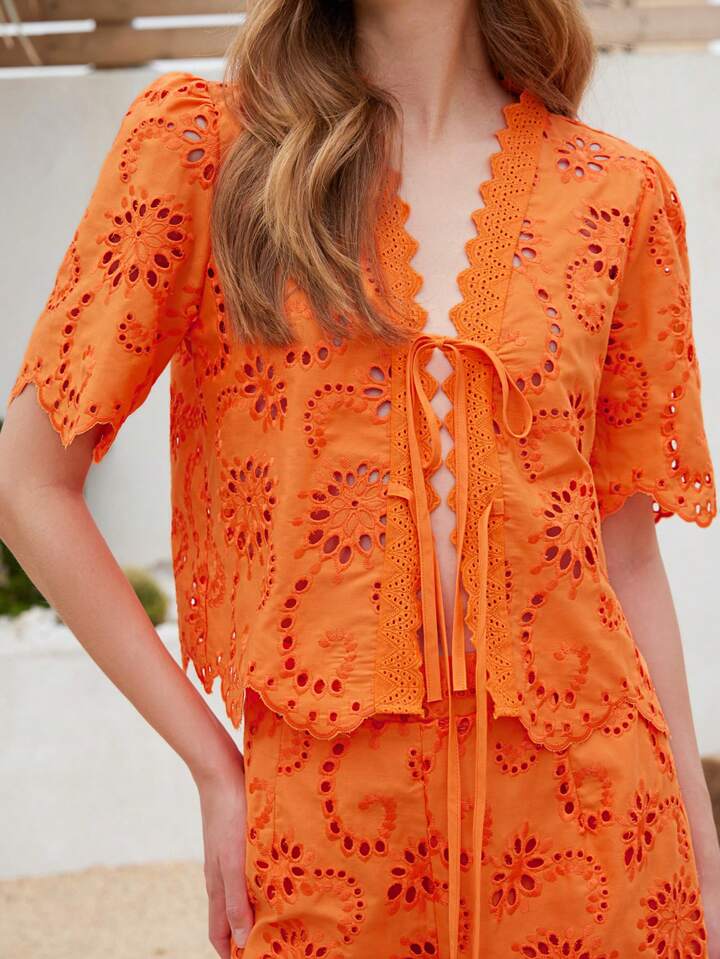 CM-SS428229 Women Trendy Bohemian Style V-Neck Short Sleeve Bowknot Tie Blouse With Long Pants - Set