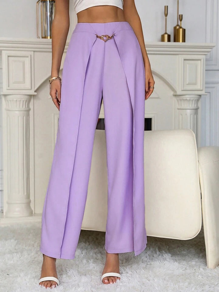 CM-BS866349 Women Casual Seoul Style Heart Shaped Ring Decor Wide Leg Pants - Purple