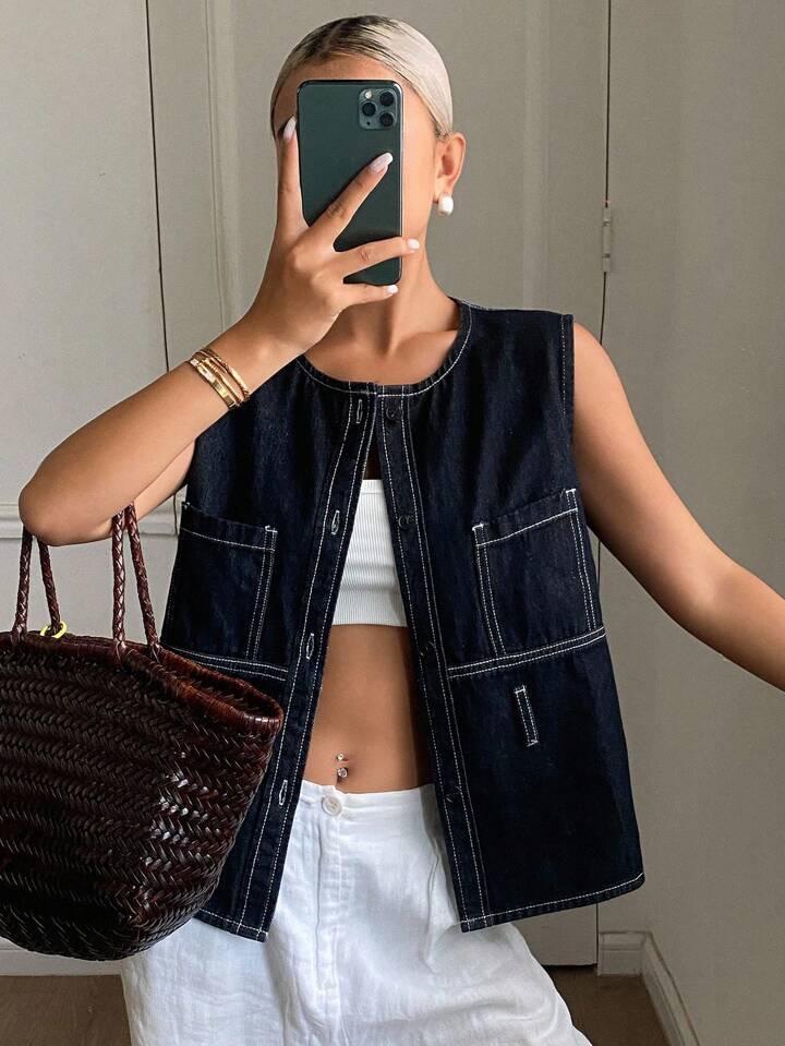 CM-TS170021 Women Casual Seoul Style Round Neck Sleeveless Belted Denim Blouse - Blue