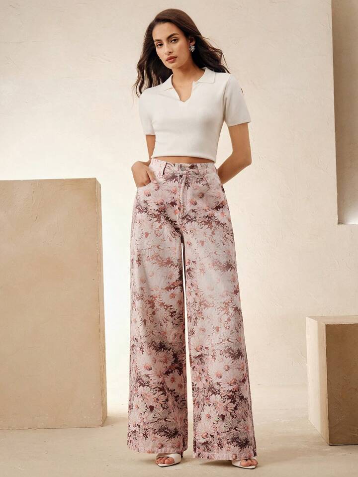 CM-BS072064 Women Casual Seoul Style Floral Printed High-Waisted Wide Leg Jeans - Pink
