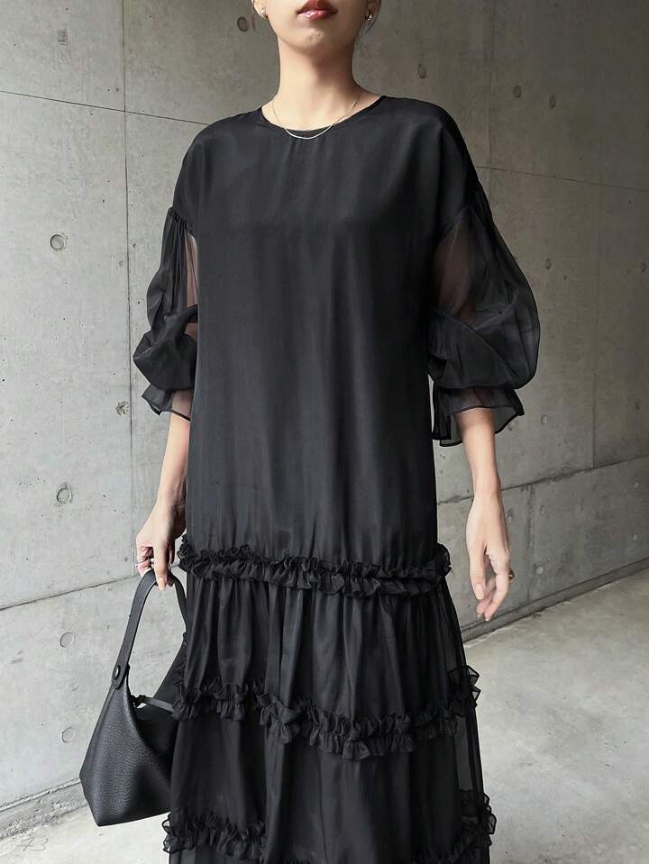 CM-DS872665 Women Casual Seoul Style Round Neck Mesh-Sheer Panel Ruffle Hem Loose Fit Long Dress - Black