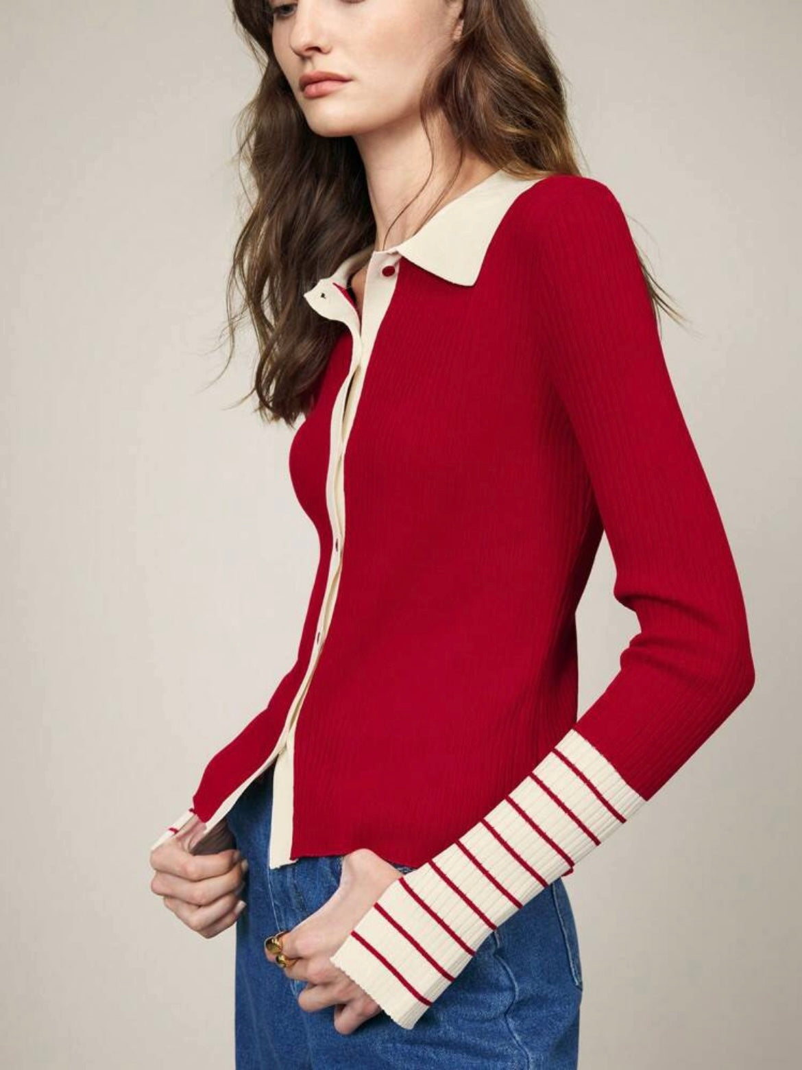 CM-CS006001 Women Casual Seoul Style Striped Long Sleeve Button-Up Rib Knit Sweater - Red
