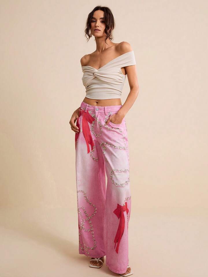 CM-BS460311 Women Casual Seoul Style Low Waist Diamond Necklace Butterfly Print Wide Leg Denim Pants - Pink