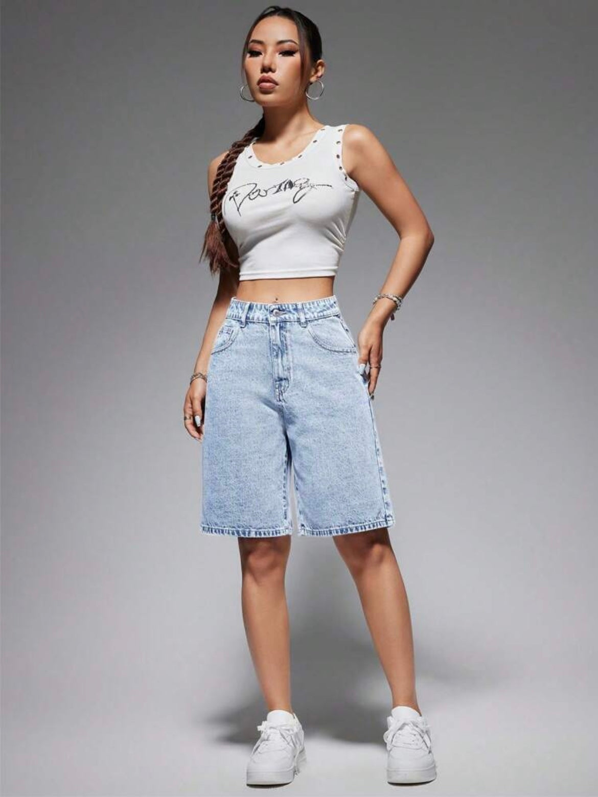 CM-BS411976 Women Casual Seoul Style Light Wash High Waist Bermuda Denim Shorts
