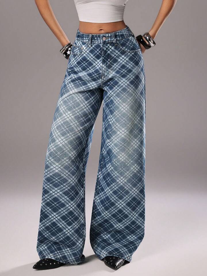 CM-BS676228 Women Casual Seoul Style Medium Wash Diamond Plaid Mid-Waist Wide Leg Jeans