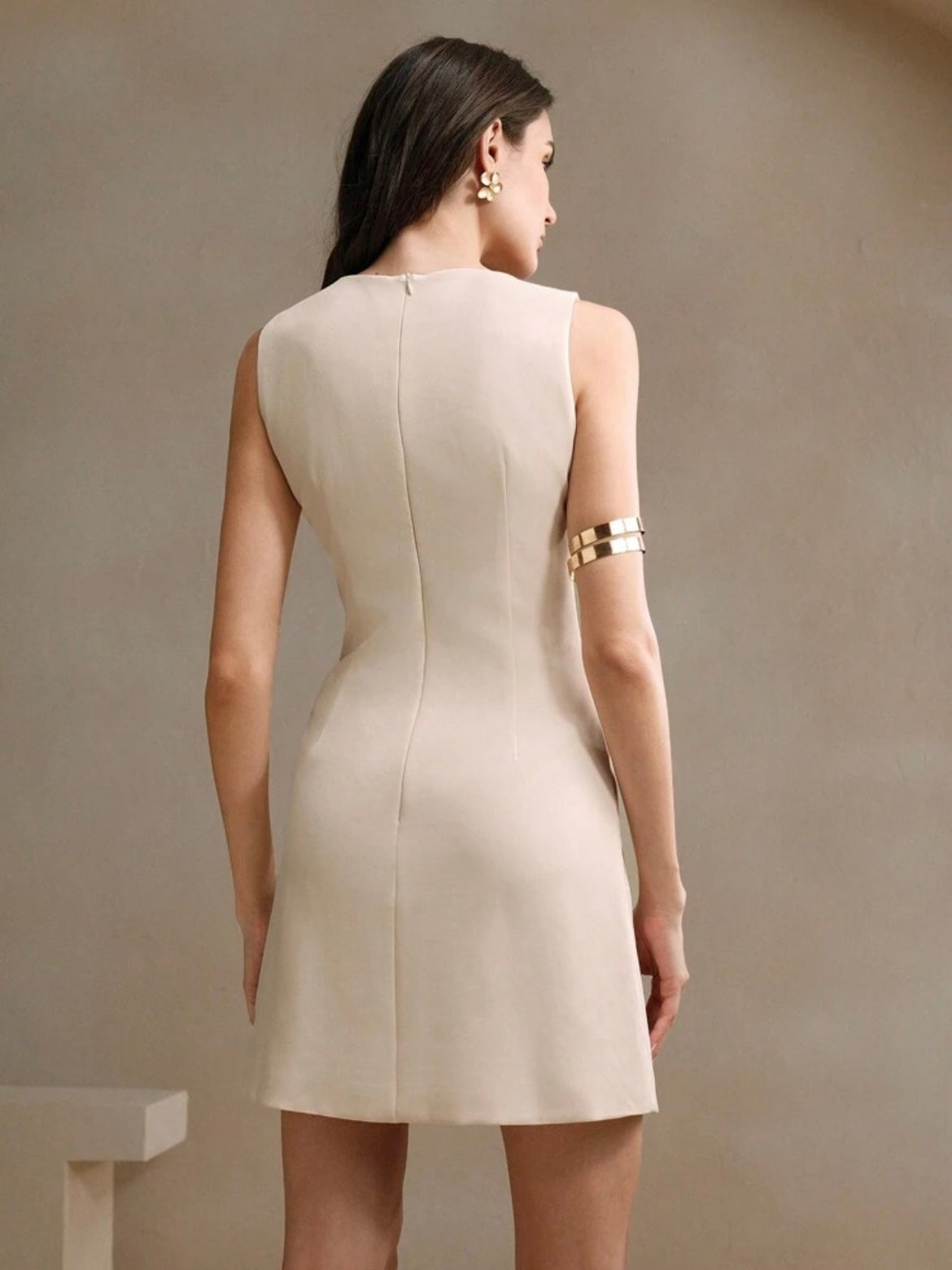 CM-DS466951 Women Elegant Seoul Style Round Neck Sleeveless Beaded Waist-Cinched Short Dress - Apricot