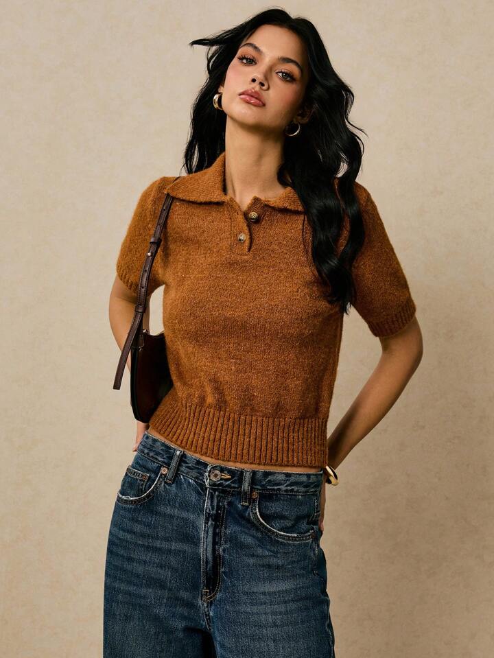 CM-TS884124 Women Casual Seoul Style Polo Neckline Short Sleeve Button Up Pullover Knit Top - Brown