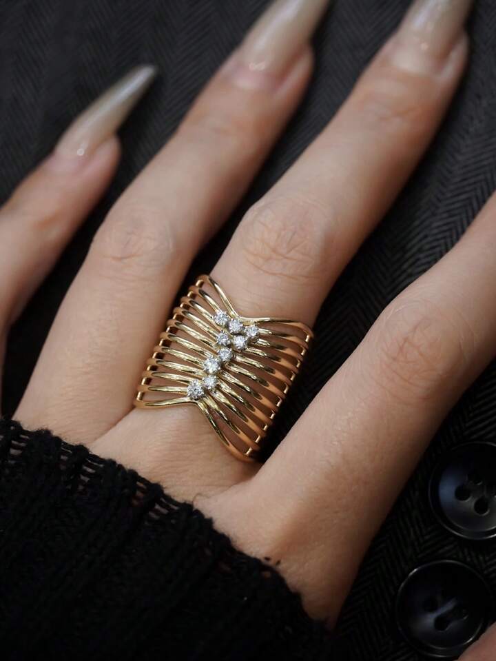 CM-AR947767 925 Sterling Silver Hollow Craft Wide Band Wave Line Minimalist Ring - Gold