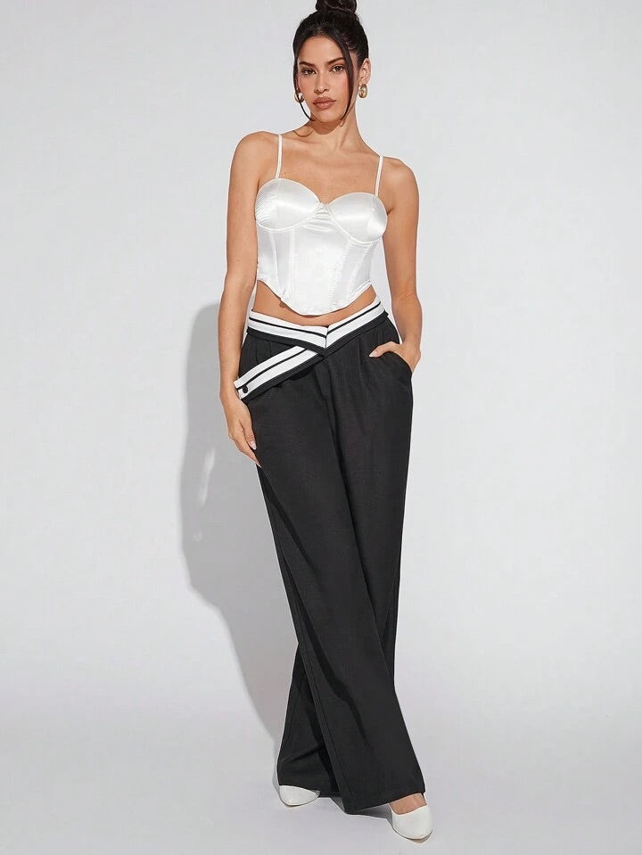 CM-BS942414 Women Elegant Seoul Style Reverse Waist Wide Leg Pants