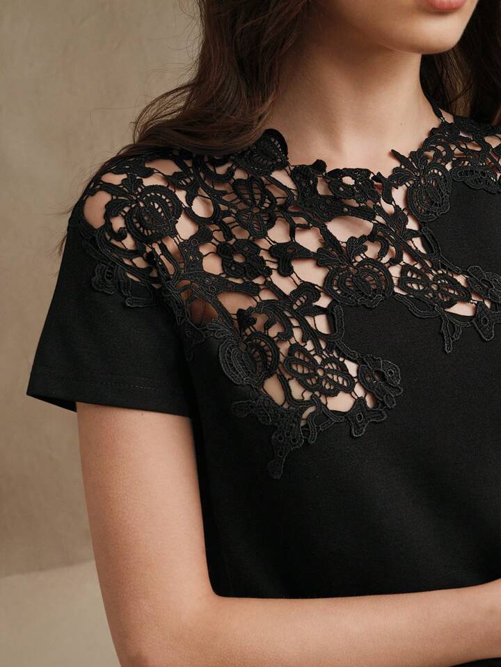 CM-TS707733 Women Casual Seoul Style Lace Crochet Patchwork Hollow Out Short Sleeve Blouse - Black