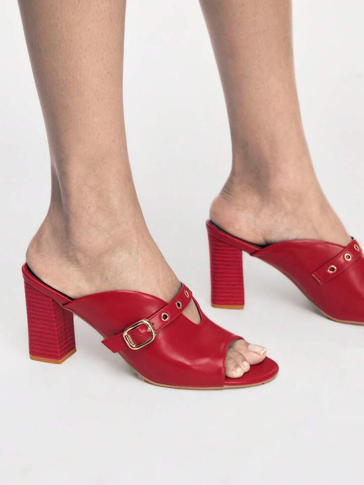 CM-SHS288176 Women Trendy Seoul Style Strap Square Heel High Heel Sandals - Red