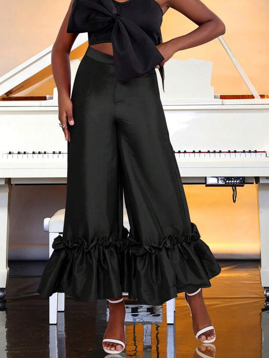 CM-BS244461 Women Elegant Seoul Style Bell Bottom Ruffle Trim Wide Leg Pants - Black