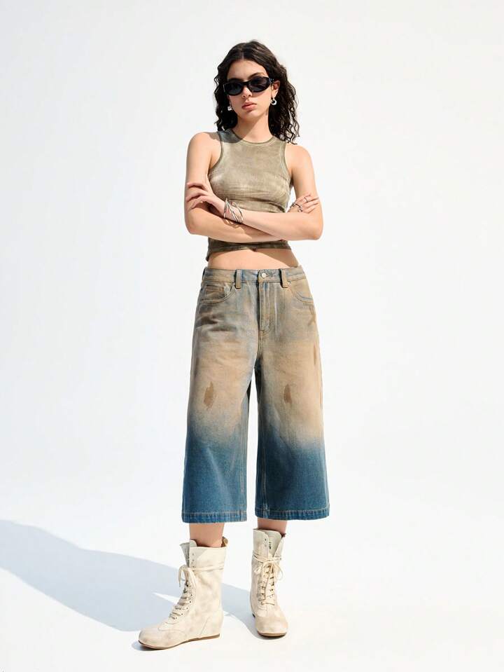 CM-BS727919 Women Casual Seoul Style Loose Flared Wide Leg 7/8 Denim Jeans