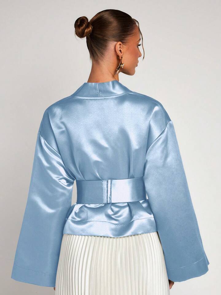 CM-TS888050 Women Elegant Seoul Style Solid Color V-Neck Wrap Flared Sleeve Blouse - Baby Blue