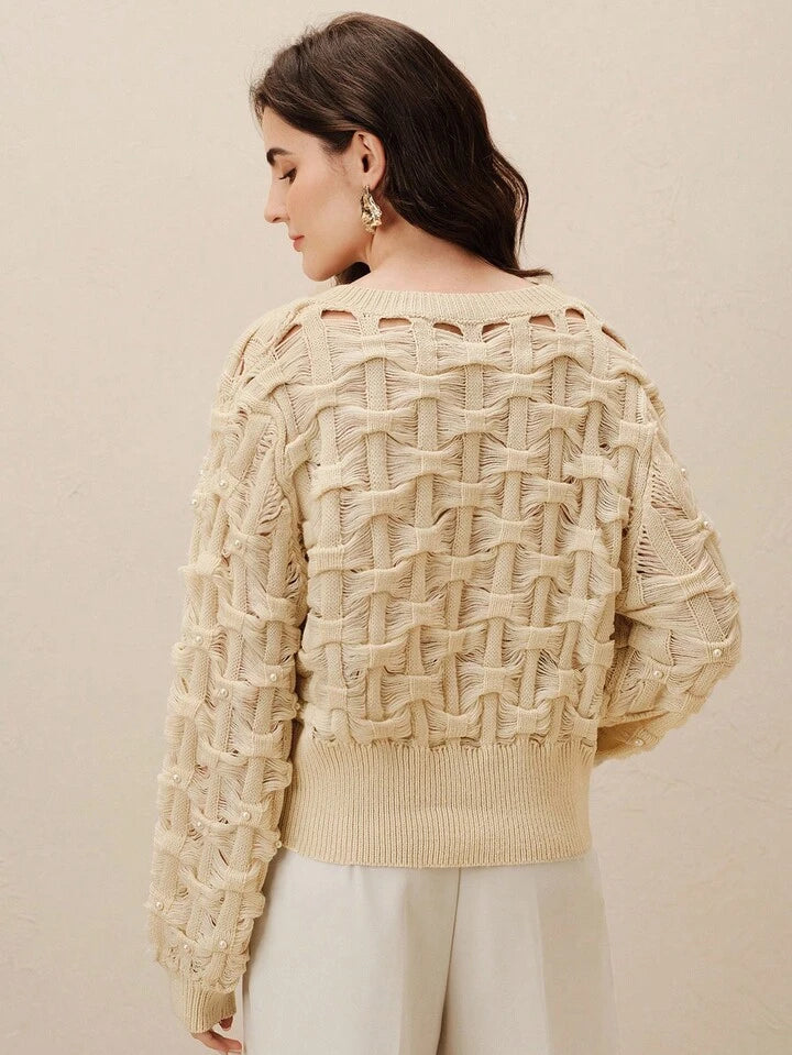 CM-CS012624 Women Elegant Seoul Style Faux Pearl Decor Hollow V-Neck Loose Long Sleeve Sweater - Apricot