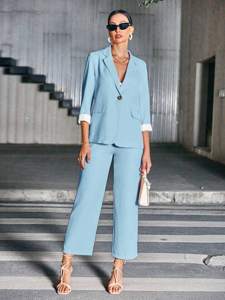 CM-SS129090 Women Elegant Seoul Style Lapel Neckling 3/4 Sleeve Blazer With Long Pants Suit - Blue