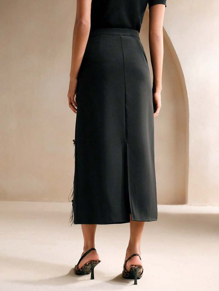 CM-BS606440 Women Elegant Seoul Style Beaded And Rhinestone Decor Feather A-Line Skirt - Black