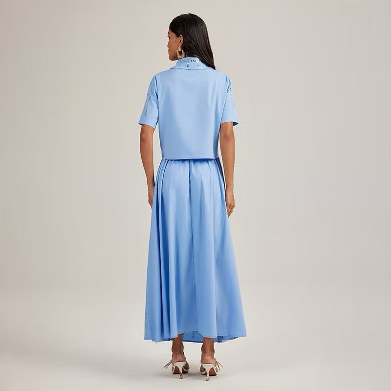 CM-SY044424 Women Elegant European Style Lapel Neckline Short Sleeve Shirt With Long Skirt - Set