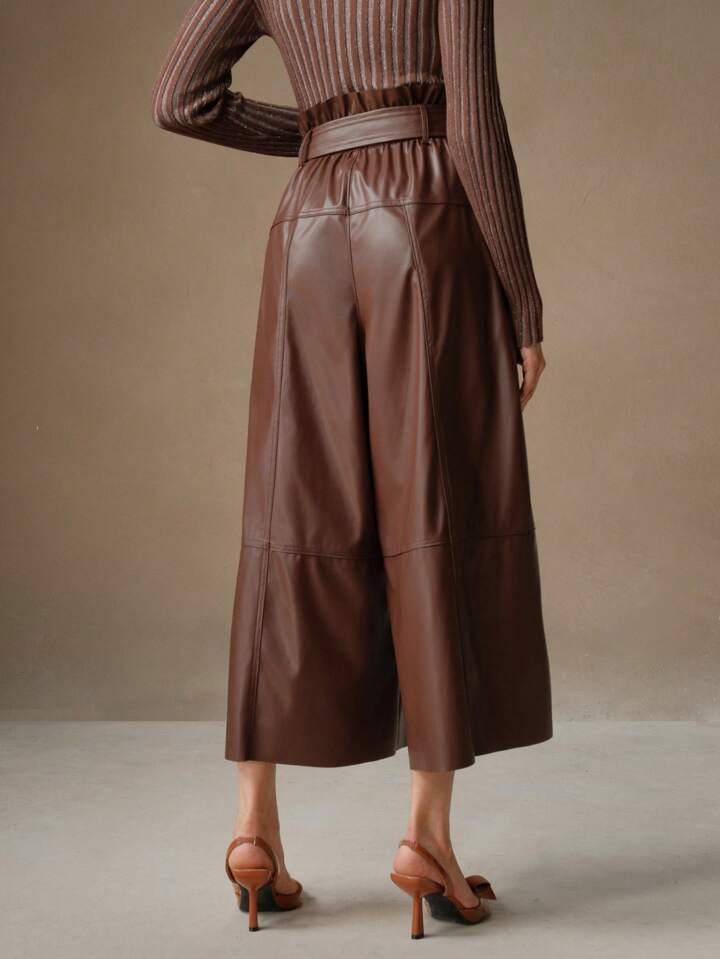 CM-BS730999 Women Elegant Seoul Style High Waist Faux Leather Wide Leg Pants - Chocolate Brown