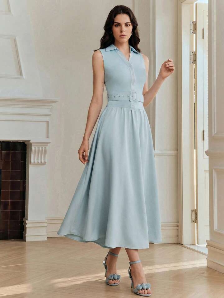 CM-DS178268 Women Elegant Seoul Style Collar Neckline Sleeveless Knitted Ribbed Patchwork Satin Dress - Baby Blue