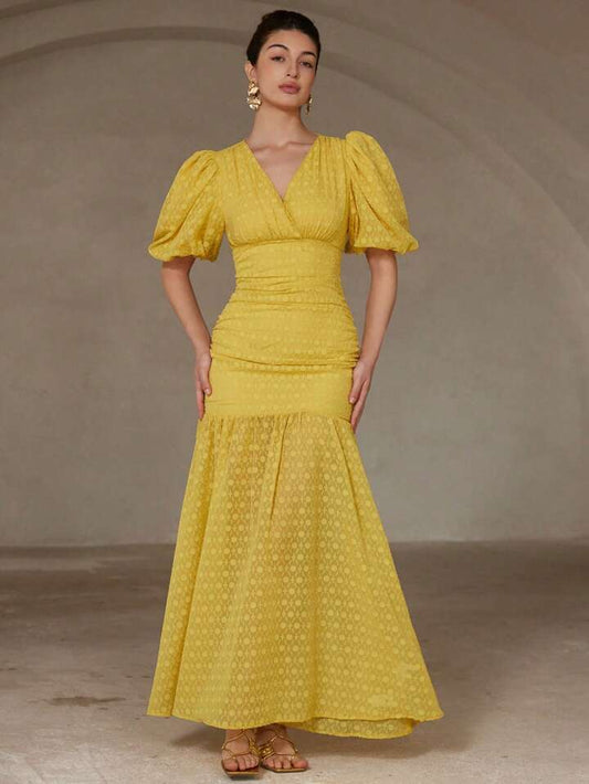 CM-DS315420 Women Elegant Seoul Style Chiffon Cut-Out V-Neck Puff Sleeve Ruffle Bodycon Dress - Yellow