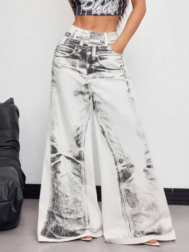 CM-BS908880 Women Casual Seoul Style Low Waist Washed Out Wide Leg Jeans - White