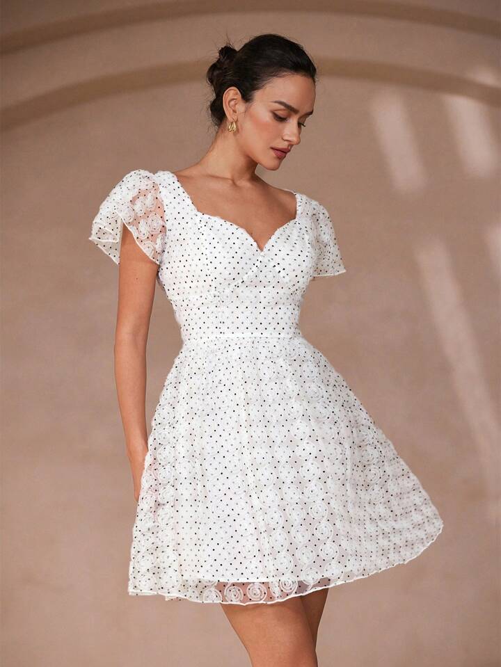 CM-DS996707 Women Elegant Seoul Style Organza See-Through Polka Dot Cap Sleeve Elastic Waist Short Dress