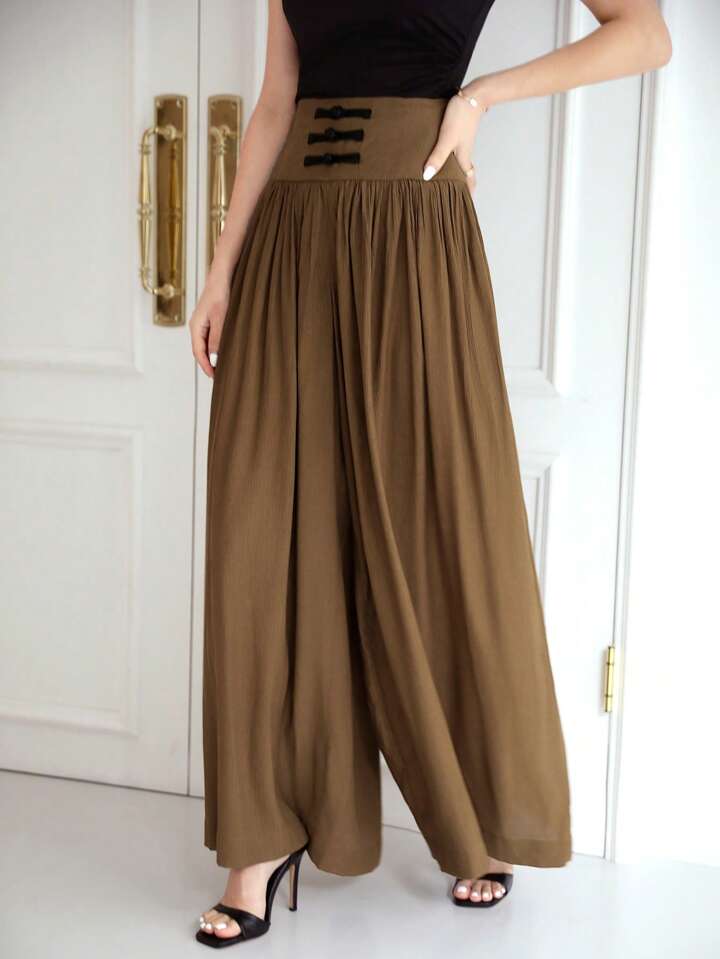 CM-BS515588 Women Casual Seoul Style Chinese-Style Pleated Waist Wide Leg Pants - Coffee Brown