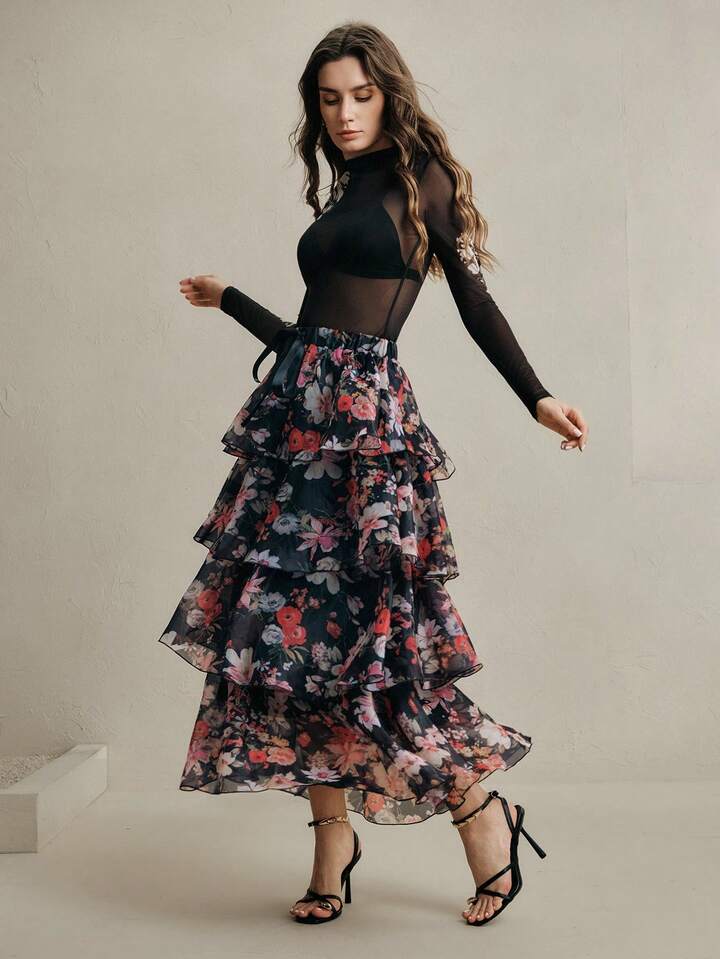 CM-BS613523 Women Elegant Seoul Style Mid Waist Floral Tie-Up Layered Cake Maxi Skirt