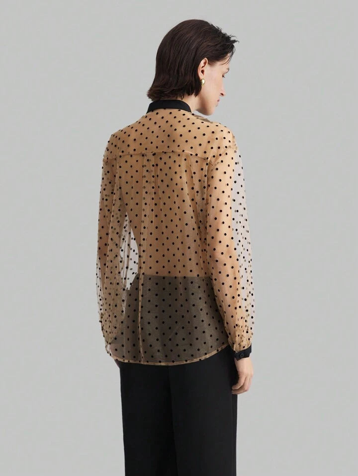 CM-TS897928 Women Elegant Seoul Style Dot Splicing Long Sleeve Semi-Sheer Blouse - Black