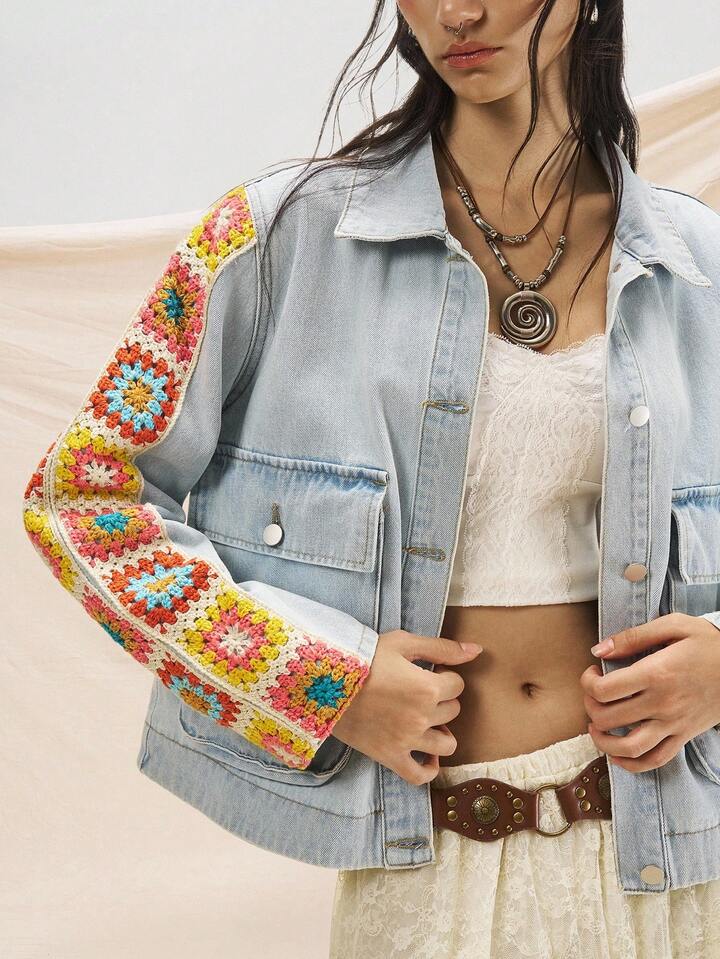 CM-CS335360 Women Casual Seoul Style Collar Neckline Stitching Multi-Color Sleeves Pattern Pattern Denim Jacket - Blue