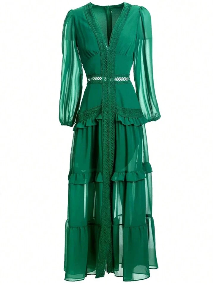 CM-DS217609 Women Elegant Seoul Style V-Neck Lantern Sleeve Hollow Out Ruffle Maxi Dress - Green