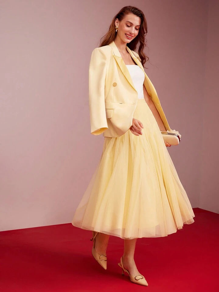 CM-BS708014 Women Elegant Seoul Style Mid Waist Contrast Mesh Flared Skirt - Yellow