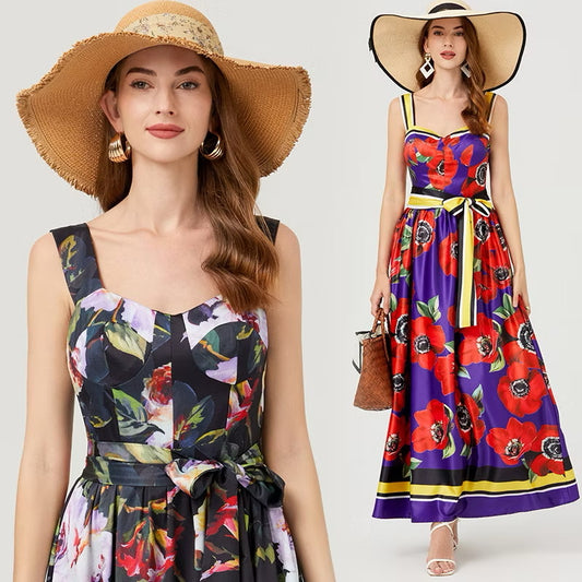 CM-DY007761 Women Casual European Style Floral Prnts Square Neck Sleeveless High Waist Slim Maxi Dress (Available in 2 colors)